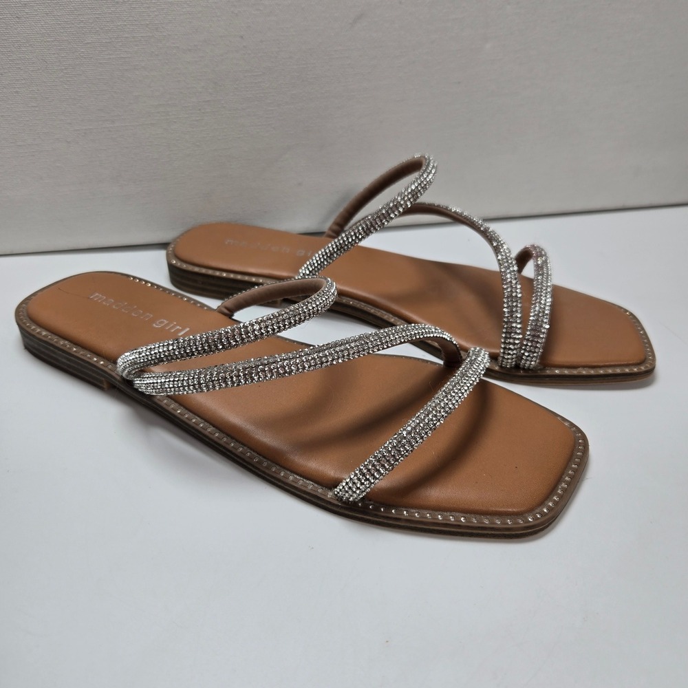 Madden Girl Prisha Sandals Women 8 Tan Silver Rhinestone Square Toe Flat Slide